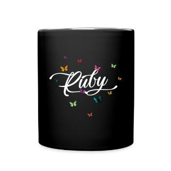 RUBY - Mädchen Name mit bunten Schmetterlingen - Tasse einfarbig - Schwarz - Vorne