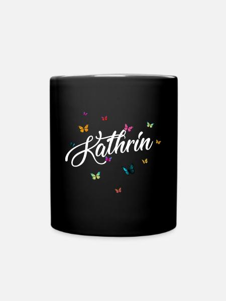 KATHRIN - Mädchen Name mit bunten Schmetterlingen - Tasse einfarbig - Schwarz