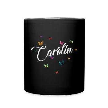 CAROLIN - Mädchen Name mit bunten Schmetterlingen - Tasse einfarbig - Schwarz - Vorne