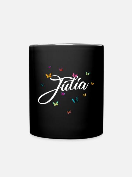 JULIA - Mädchen Name mit bunten Schmetterlingen - Tasse einfarbig - Schwarz