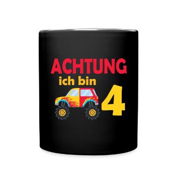 4. Geburtstag Achtung ich bin 4 - Tasse einfarbig - Schwarz - Vorne