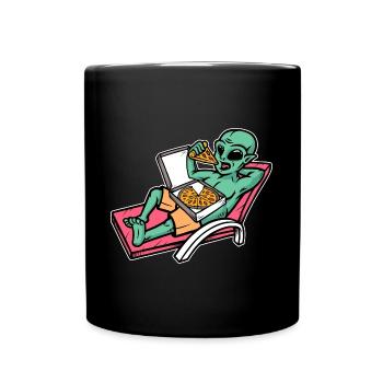 Alien isst Pizza - Tasse einfarbig - Schwarz - Vorne
