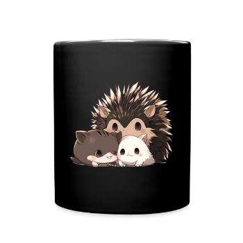 Igel mit Katzen - Tasse einfarbig - Schwarz - Vorne