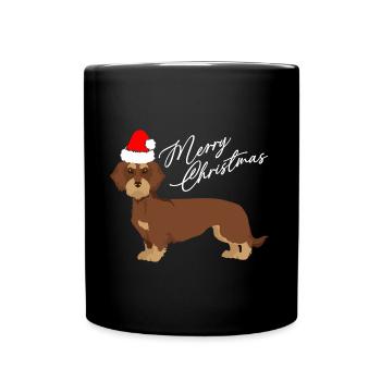 Dackel mit Nikolausmütze als Weihnachtsmann mit vi - Tasse einfarbig - Schwarz - Vorne
