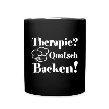 Backen ist Therapie mit Bäckermütze und Spruch - Tasse einfarbig - Schwarz - Vorne
