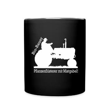 Bio Bauer Pflanzenflüsterer mit Mistgabel - Tasse einfarbig - Schwarz - Vorne