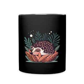Cute sleeping hedgehog in bushes - Full Colour Mug - black - Front