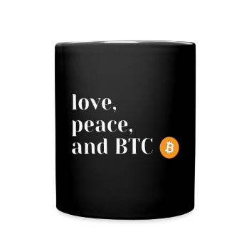 Love, Peace and Bitcoin - Tasse einfarbig - Schwarz - Vorne