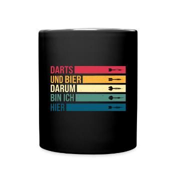 Darts und Bier darum bin ich hier Dartscheibe Dart - Tasse einfarbig - Schwarz - Vorne
