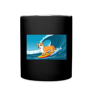 Cardigan Welsh Corgi Dog Surfing Sea Waves - Full Colour Mug - black - Front