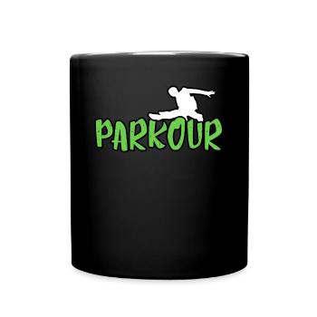 Parkour Shirt: Parkour in Grün mit Parkourläufer - Tasse einfarbig - Schwarz - Vorne