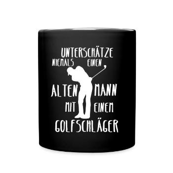 Alter Mann beim Golf spielen Abschlag Üben Eisen - Tasse einfarbig - Schwarz - Vorne