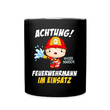Achtung Feuerwehrmann Jungen Einsatz - Tasse einfarbig - Schwarz - Vorne