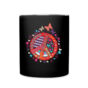 Signe de paix Papillon Cœurs Fleurs Amour - Mug uni - noir - Devant