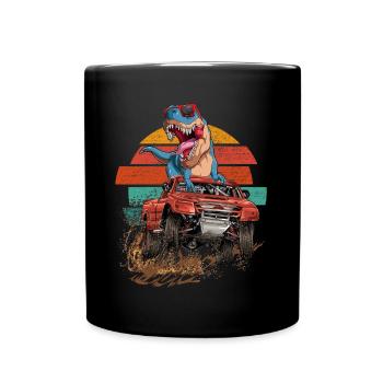 Retro Trex Monster Truck Dirt Race Dinosaur - Full Colour Mug - black - Front