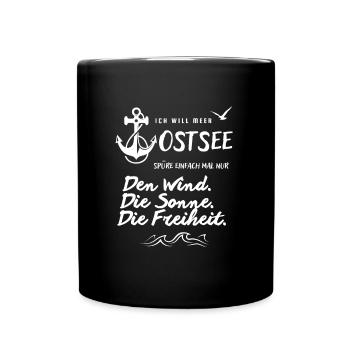 Ich will Meer Ostsee Spruch mit Anker und Möwe - Tasse einfarbig - Schwarz - Vorne