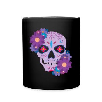 Violet Floral Sugar Bone Muertos Day Halloween - Full Colour Mug - black - Front