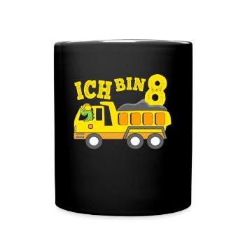 Geburtstagsgeschenk 8. Geburtstag Dino Kipplaster - Tasse einfarbig - Schwarz - Vorne