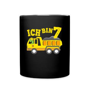 Geburtstagsgeschenk 7. Geburtstag Dino Kipplaster - Tasse einfarbig - Schwarz - Vorne