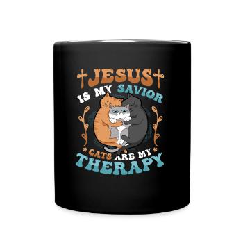 Jesus is my Savior, cats are my therapy. - Full Colour Mug - black - Front