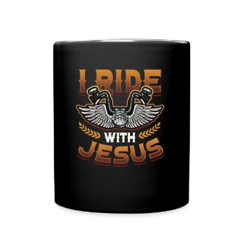 I ride with Jesus, motorcycle, biker, Christian - Full Colour Mug - black - Front