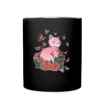 Chat, fleurs, papillons, amoureux des chats - Mug uni - noir - Devant