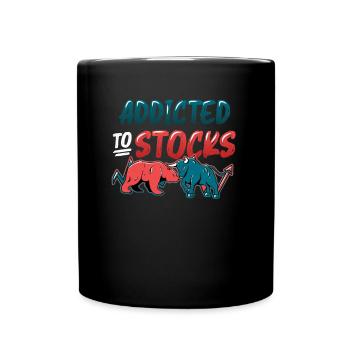 Addicted to Stocks, Bull Bear Stock Market - Full Colour Mug - black - Front