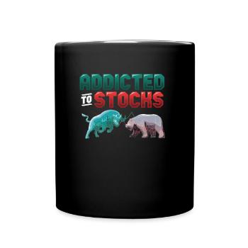 Addicted to Stocks, Bull Bear Stock Market - Full Colour Mug - black - Front