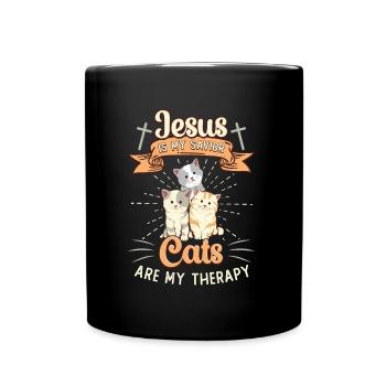 Jesus is my Savior, cats are my therapy - Full Colour Mug - black - Front