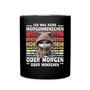 Katze Kaffee Morgenmenschen - Tasse einfarbig - Schwarz - Vorne