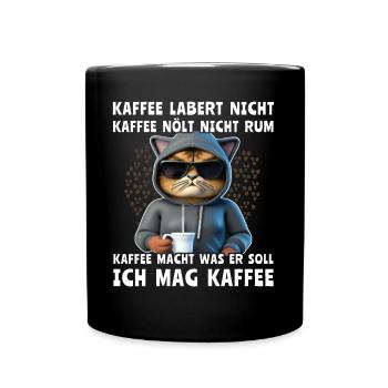 Lustige Katze Trinkt Kaffee - Tasse einfarbig - Schwarz - Vorne