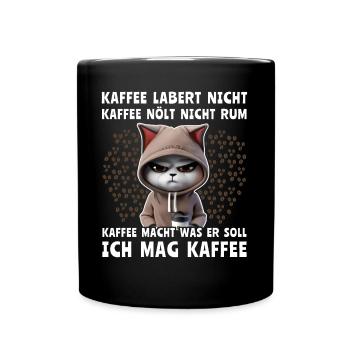 Lustige Katze Trinkt Kaffee - Tasse einfarbig - Schwarz - Vorne