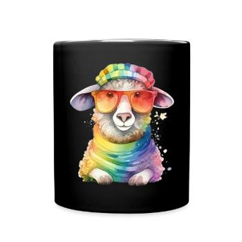 Buntes cooles Schaf mit Hut und Sonnenbrille - Tasse einfarbig - Schwarz - Vorne
