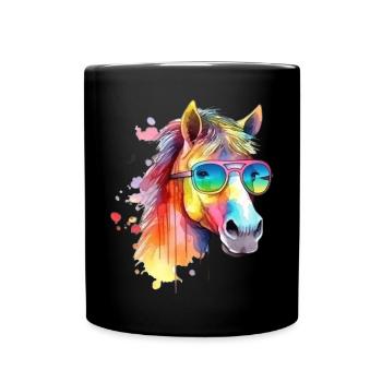 Buntes cooles Pferd mit Sonnenbrille - Tasse einfarbig - Schwarz - Vorne