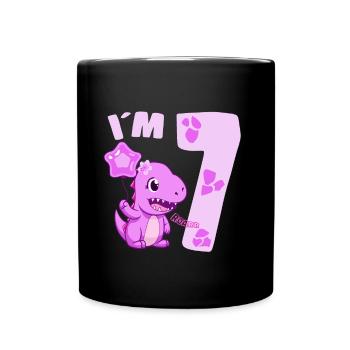 Cute Dinosaur I am 7 Dino Birthday Girl - Full Colour Mug - black - Front