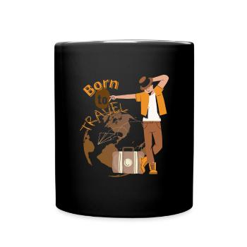 T-Shirt Born to Travel Men's World Muster - Tasse einfarbig - Schwarz - Vorne