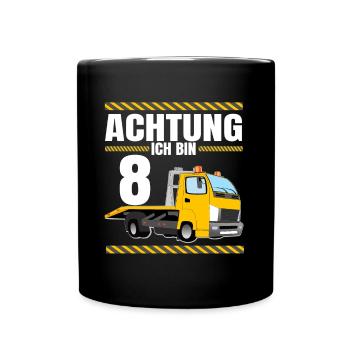 Achtung Ich Bin 8 Jahre Geburtstag Abschleppwagen - Tasse einfarbig - Schwarz - Vorne