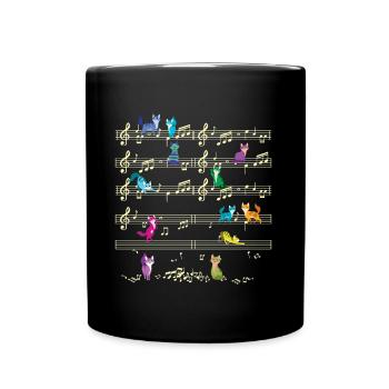 Buntes Kätzchen, das auf Musiknoten spielt Musiker - Tasse einfarbig - Schwarz - Vorne