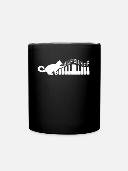 Curious Cat Stretching On Musical Notes Musician - Full Colour Mug - black