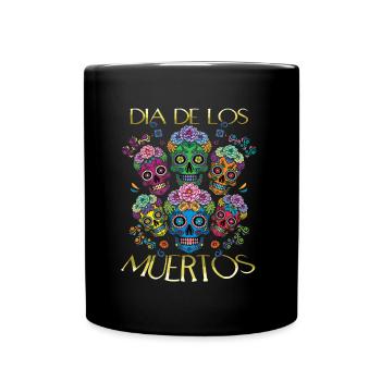 Skull Mexican Floral Muertos Day Of Dead Halloween - Full Colour Mug - black - Front