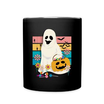 Groovy Blume Geist hält Kürbis mit Süßigkeiten - Tasse einfarbig - Schwarz - Vorne