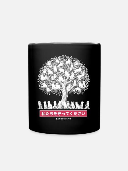 Cat Tree Japanese Funny Animals - Full Colour Mug - black