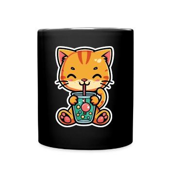Süsse Katze trinkt Bubble Tea - Tasse einfarbig - Schwarz - Vorne