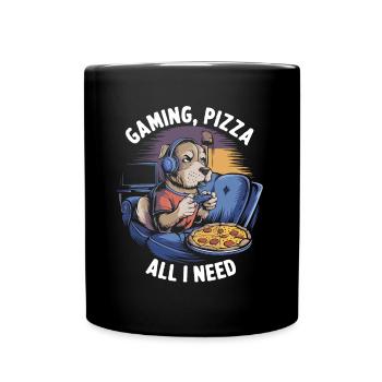 Funny Dog Gaming Pizza Gamer Gamer Gaming - Full Colour Mug - black - Front