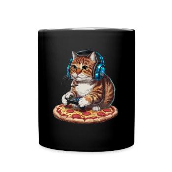 Funny Cats Gaming Pizza Gamer Gamer Gaming - Full Colour Mug - black - Front