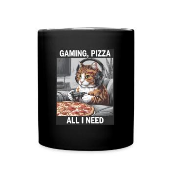 Funny Cats Gaming Pizza Gamer Gamer Gaming - Full Colour Mug - black - Front