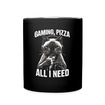 Funny Cats Gaming Pizza Gamer Gamer Gaming - Full Colour Mug - black - Front