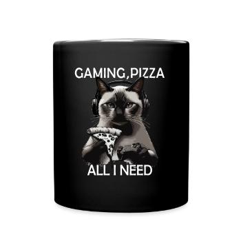 Funny Cats Gaming Pizza Gamer Gamer Gaming - Full Colour Mug - black - Front