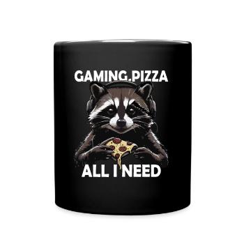 Funny Raccoon Gaming Pizza Gamer Gamer Gaming - Full Colour Mug - black - Front