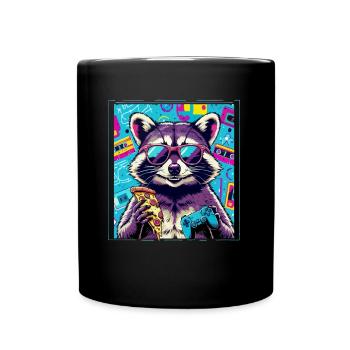 Funny Raccoon Gaming Pizza Gamer Gamer Gaming - Full Colour Mug - black - Front